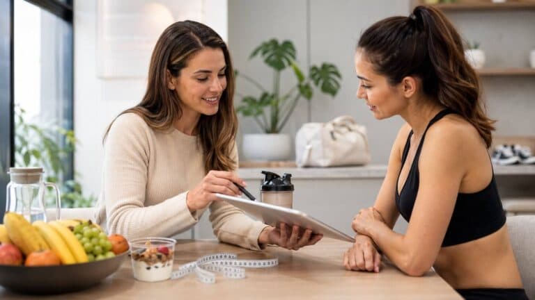 Nutricionista esportiva orientando paciente em consulta com plano alimentar personalizado, alimentos saudáveis e itens de treino.