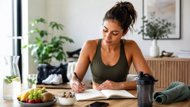 Mulher fisicamente ativa anotando dúvidas para a primeira consulta com nutricionista esportiva, com alimentos saudáveis, shaker e itens de treino ao redor.