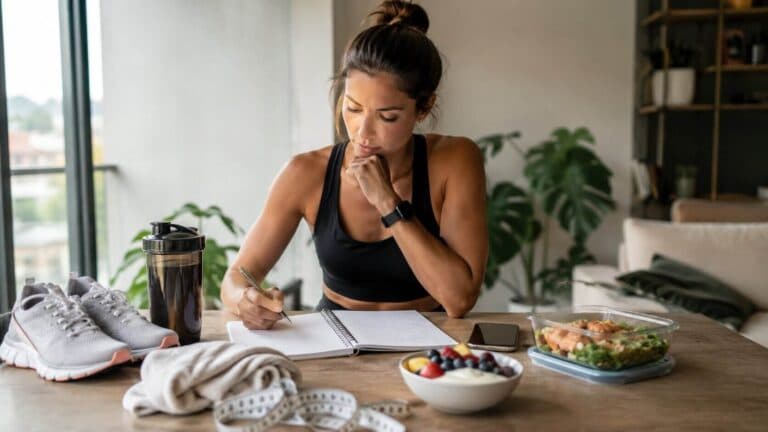 Mulher fisicamente ativa organizando alimentação e treino com caderno, tênis, shaker, fita métrica e refeição saudável sobre a mesa.